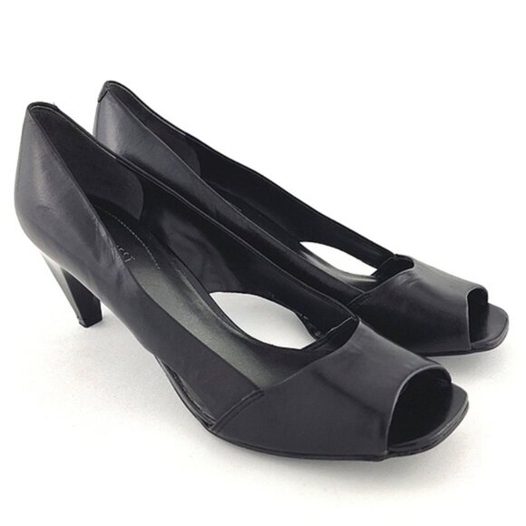 Nine West Black Leather Square Open Toe Side Cutout Patent Heel Shoes Size 7M - Picture 2 of 15